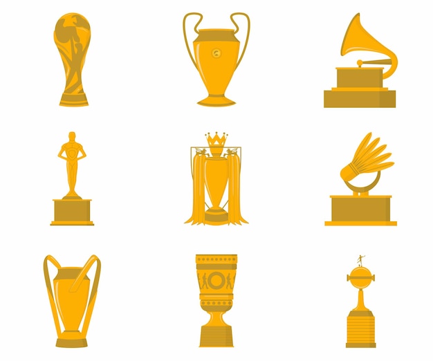 Вектор Набор различных премиальных золотых трофеев, таких как чемпионат франции по футболу, золотой кубок, трофей, награда, грэмми, трофей, кубок и т. д. триумф, спортивная награда и приз, золотой кубок