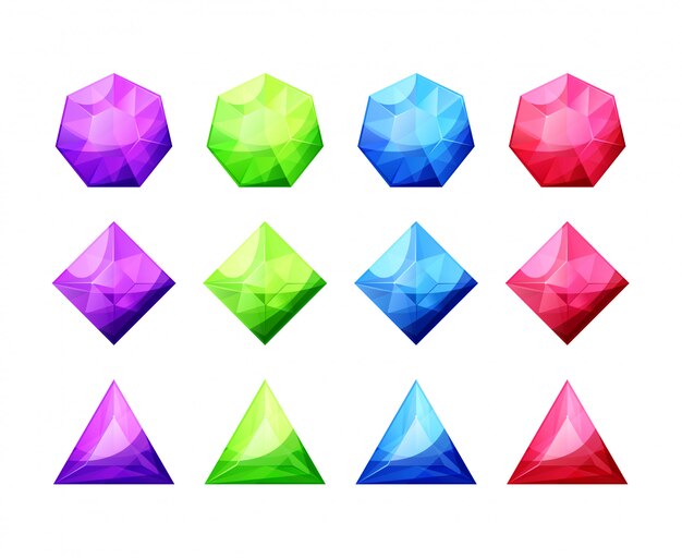 さまざまな形の結晶、宝石、ダイヤモンドのセット。詳細なカラフルな宝石アイコン