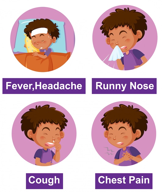 Вектор Набор различных симптомов с больным мальчиком