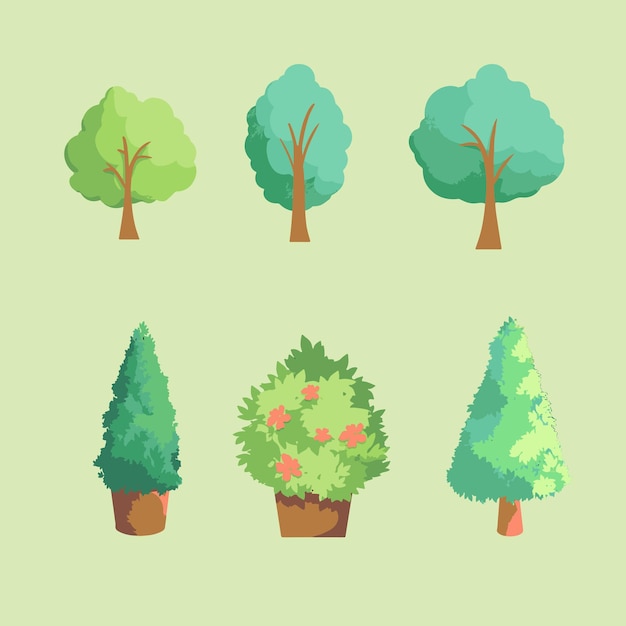 Набор различных дизайнов деревьев в зеленых тонах