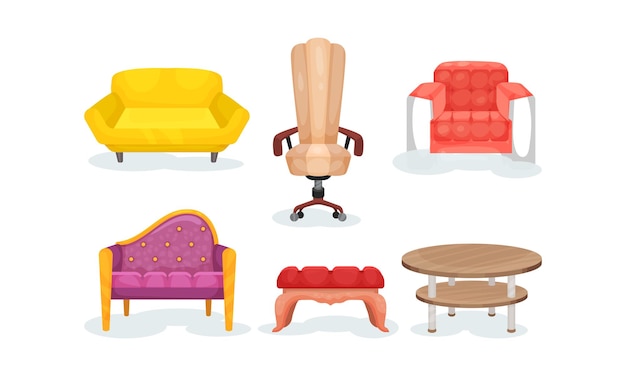 ベクトル デザイン作品のためのさまざまなタイプの椅子と2つのテーブルのセット クラシックとモダンなバリエーション フラットベクトルイラスト 隔離された白い背景
