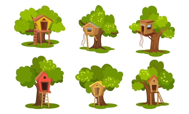 벡터 높은 초록색 나무 에 있는 여러 가지 목조 집 들 의 세트  ⁇ 터 그림