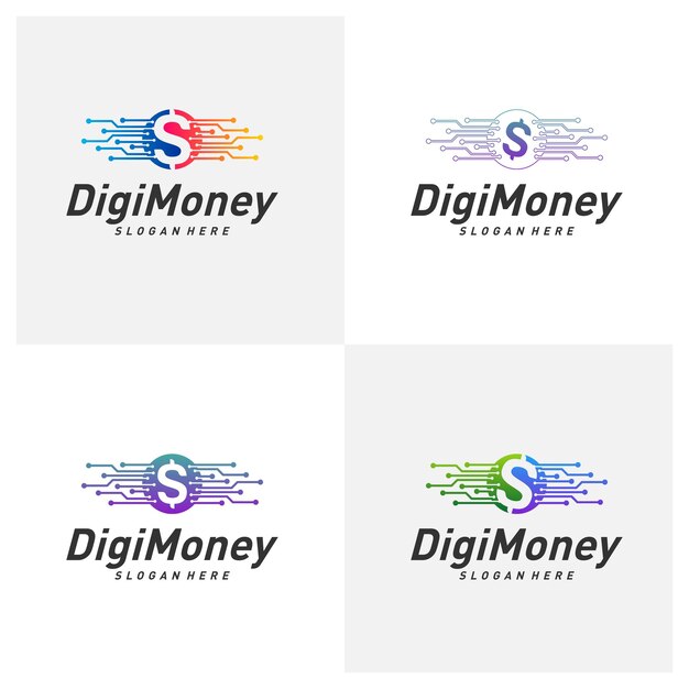 デジタルマネーロゴデザインコンセプトベクトル、シンプルなお金の技術のロゴテンプレート、アイコンシンボル、クリエイティブなデザインのセット