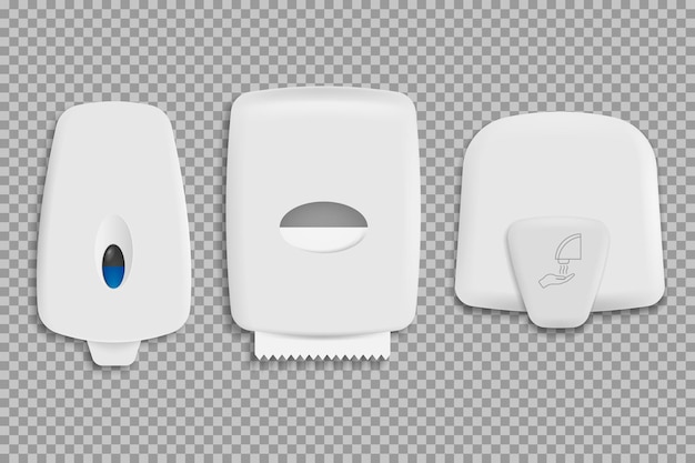Набор диспенсеров для бумажных полотенец, диспенсеров для мыла и сушилки для рук. векторная иллюстрация. эпизод 10.