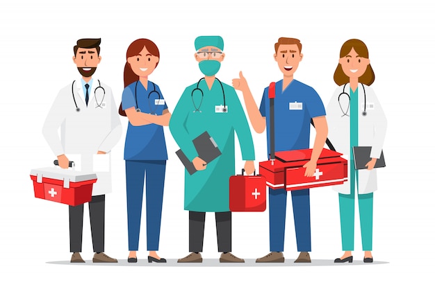 Набор персонажей мультфильма доктор. концепция команды медицинского персонала в больнице