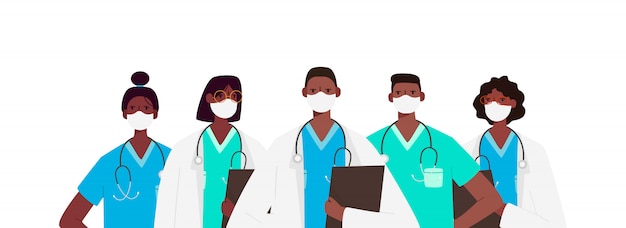 흰색 의료 얼굴 마스크에 의사 문자 집합입니다. 코로나 바이러스 개념을 중지하십시오. 의료 팀 의사 간호사 치료사 외과 전문 병원 노동자, 위생병의 그룹.