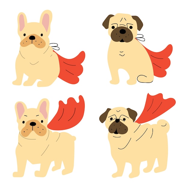 Набор собак в плаще супергероев векторная иллюстрация на белом фоне