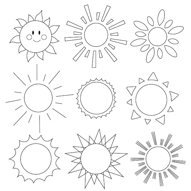 Набор каракулей мультяшный солнце векторная линия искусства иллюстрации логотип детская страница раскраски