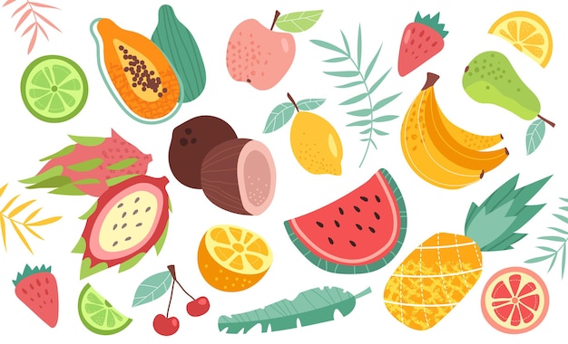 Набор фруктов каракули. натуральные тропические фрукты, цитрусовые, апельсин и витаминный лимон. веганская кухня яблоко рисованной, органические фрукты или вегетарианская еда