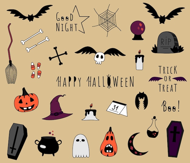 Набор наклеек на хэллоуин. коллекция нарисованных вручную магических предметов, летучих мышей. счастливого хэллоуина