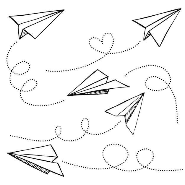ベクトル 落書き紙飛行機アイコンのセットです。手描きの紙飛行機。ベクトルイラスト。