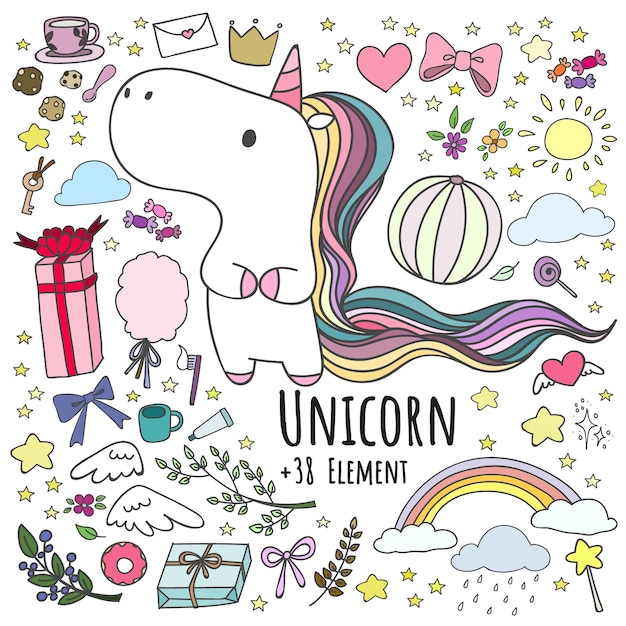 Doodle unicornと38要素のセット。