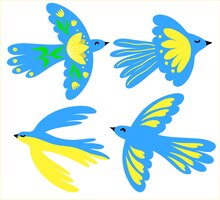 set of doves of peace for ukraine in blue and yellow color with floral ornament