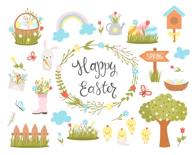 イースターのデザイン要素のセットです。イースターの漫画のキャラクターと花の要素。休日の飾り付けや春のご挨拶に。ウサギ、鶏、卵、花。図。