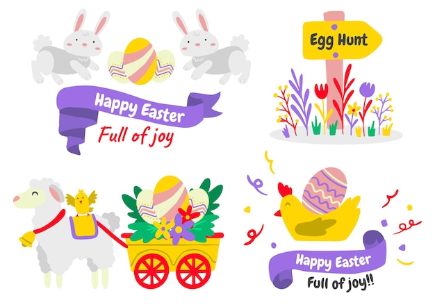 그려진 된 계란과 동물 부활절 요소의 집합입니다. 행복한 부활절 날