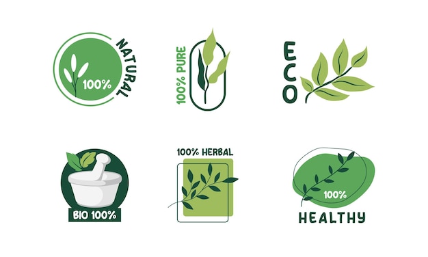 벡터 환경 친화적인 녹색 배지 디자인 세트 비건 바이오 유기농 식품 글루텐 프리 및 천연 제품 라벨 패키지 라벨링을 위한 에코 스티커