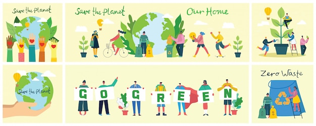 Вектор Набор эко-изображений окружающей среды. люди заботятся о планете. ноль отходов, думайте, зеленый, сохранить планету, наш дом рукописный текст.