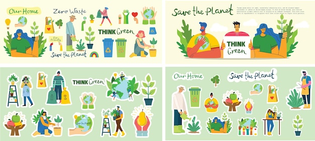 벡터 에코 저장 환경 스티커 사진 세트. 행성 콜라주를 돌보는 사람들. 낭비 제로, 녹색 생각, 지구 구하기, 현대 평면 디자인에 우리 집 손으로 쓴 텍스트
