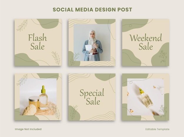 ベクトル 編集可能なソーシャル メディア instagram デザイン投稿テンプレートのセットは、広告プロモーションのブランディング製品美容化粧品メイクに適したフレーム緑のブロブの花のオブジェクトの背景で飾られました