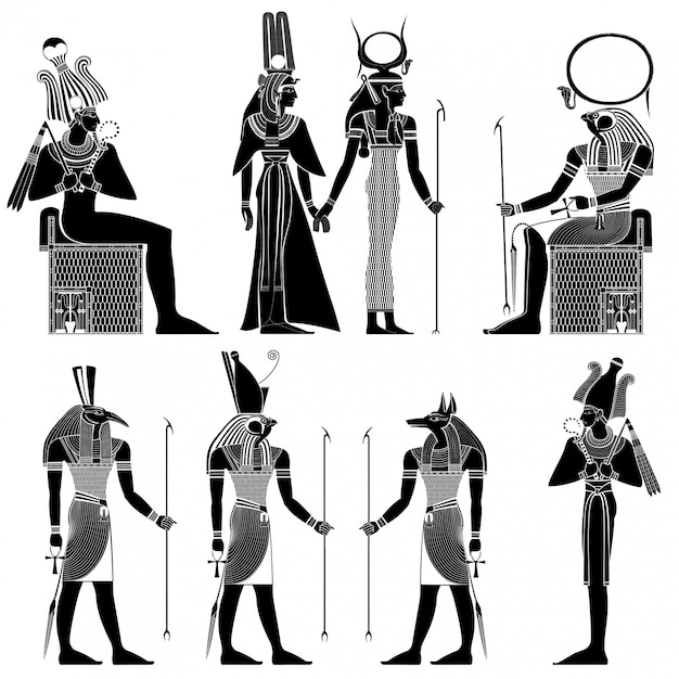 ベクトル エジプトの古代のシンボル、古代エジプトの神々の分離図のセット