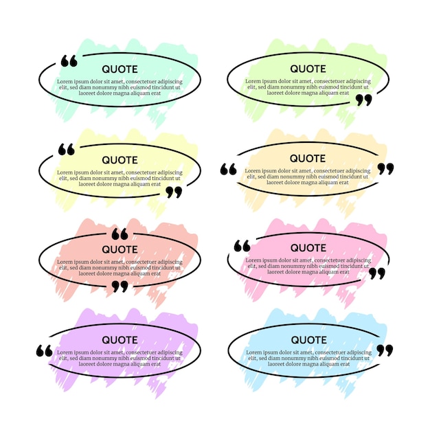 Вектор Набор из восьми черных овальных рамок коробки цитаты с цветными мазками, изолированными на белом фоне. векторная иллюстрация