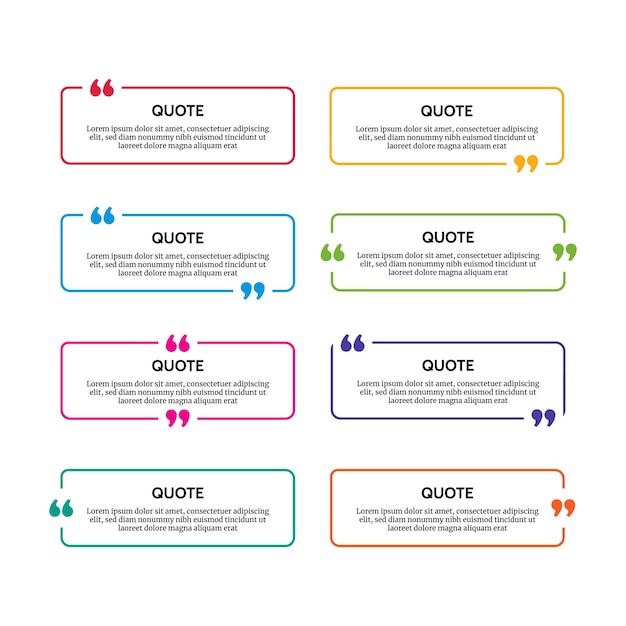 白い背景で隔離の8つの多色の丸みを帯びた長方形の引用ボックスフレームのセットです。ベクトルイラスト