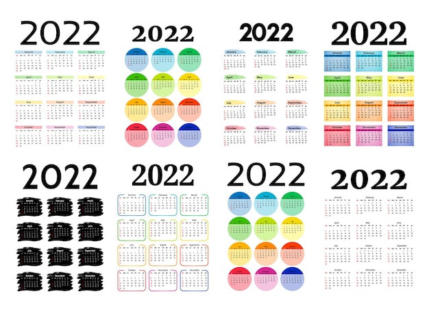 ベクトル 白い背景で隔離された2022年の8つの垂直カレンダーのセット。日曜日から月曜日、ビジネステンプレート。ベクトルイラスト