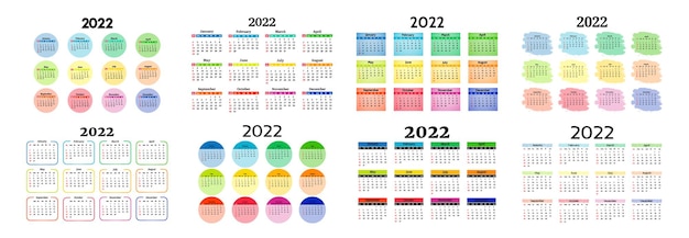 白い背景で隔離された2022年の8つの垂直カレンダーのセット。日曜日から月曜日、ビジネステンプレート。ベクトルイラスト