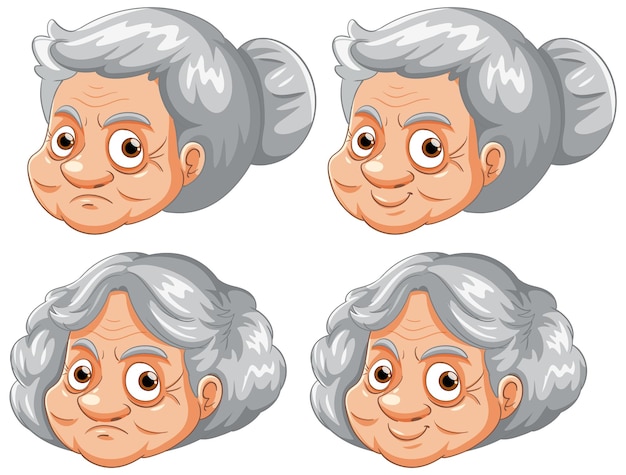 Вектор Набор головы пожилой женщины с разным выражением лица