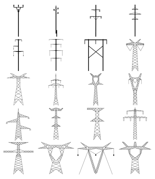 ベクトル 電気タワーラインアイコンのセットです。高電圧電気パイロン。白い背景で隔離の電力線アウトラインベクトルデザインイラスト