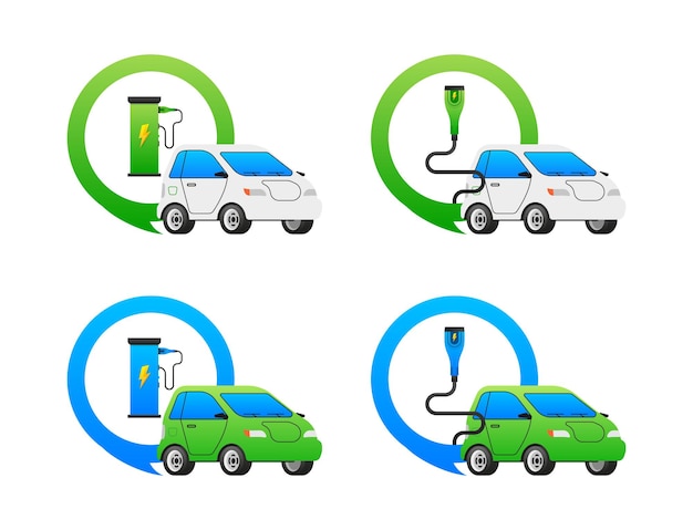 ベクトル 電気自動車と充電ポイントのセット ベクトルイラスト