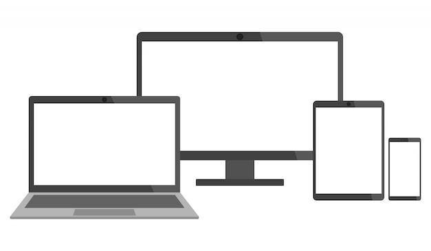 ベクトル 電子デバイスのセット-ラップトップ、デスクトップコンピューター、タブレット、スマートフォン