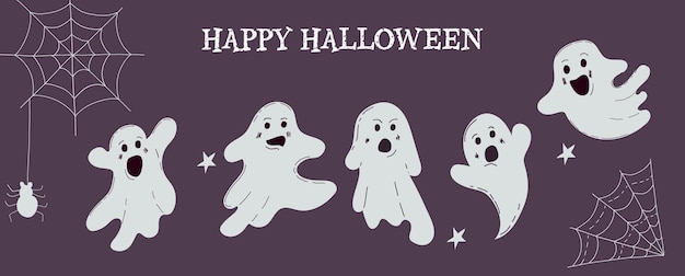 Вектор Набор элементов для праздника хэллоуин с милыми призраками