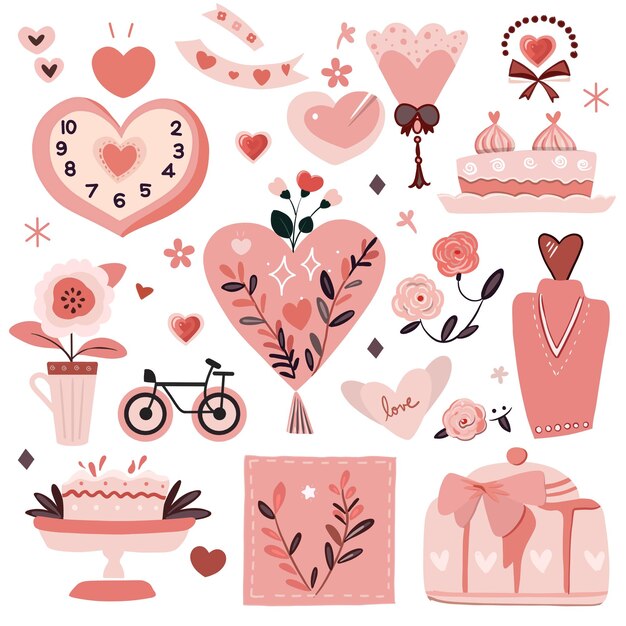 벡터 ⁇ 색 배경 에 있는 발렌타인 데이 에 대한 요소 세트 사랑 스티커 세트