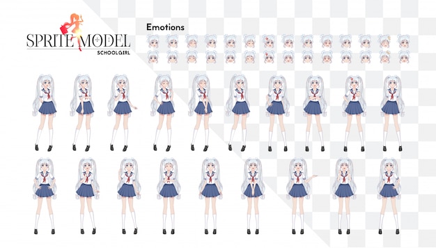 Набор эмоций. природный полнометражный персонаж для игрового визуального романа. аниме-манга, мультипликационный персонаж в японском стиле. школьница в матросском костюме, голубая юбка