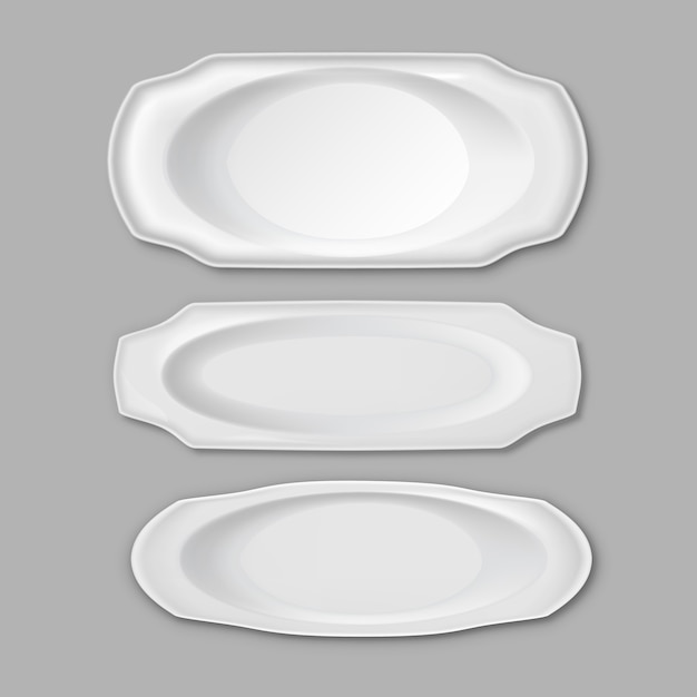 회색 배경에 고립 된 빈 흰색 세라믹 다양 한 긴 생선 접시 세트