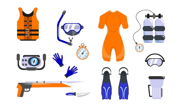 Вектор Комплект оборудования для дайвинга в мультяшном стиле. векторная иллюстрация спасательного жилета, гидрокостюма, ласт, маски для дайвинга, перчаток, баллонов с воздухом, гарпуна на белом фоне.