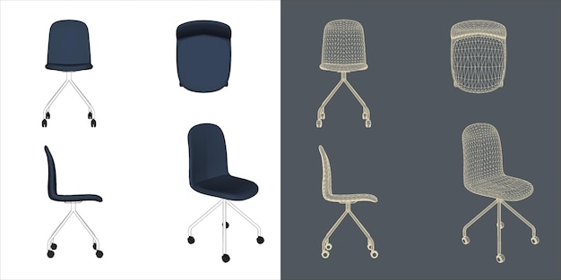 ベクトル エルゴノミックな椅子のワイヤーフレームベクトルコンセプトのブループリントセット