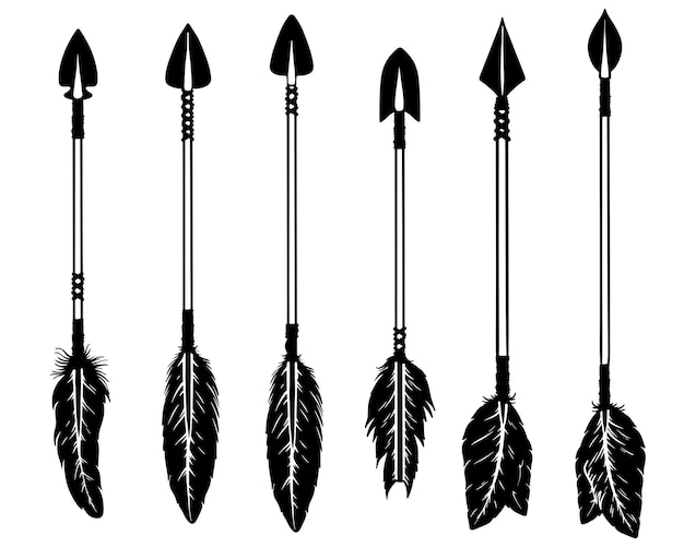 벡터 보호 스타일의 터 일러스트레이션으로 새겨진 털이 있는 민족적인 활 화살의 세트