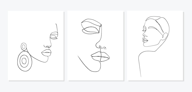 顔のセット美しい女性の顔のシンプルなミニマリストベクトルイラスト線画