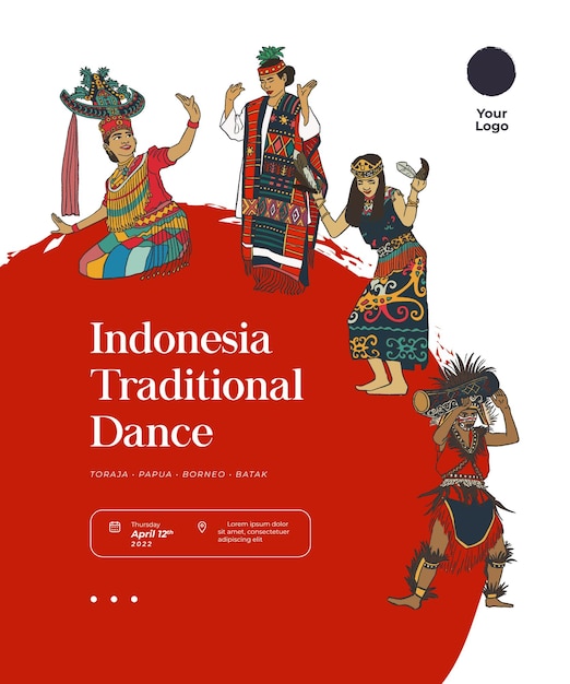 템플릿 소셜 미디어 손으로 그린 댄서 그림 벡터에 대한 인도네시아 그림에서 유명한 댄스 세트
