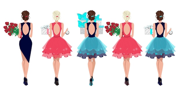 Вектор Набор модных девушек с подарками и цветами в руках дамы в вечерних платьях красивые