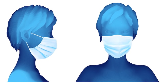 医療マスクの白い背景の上の女性の3d肖像画のセット