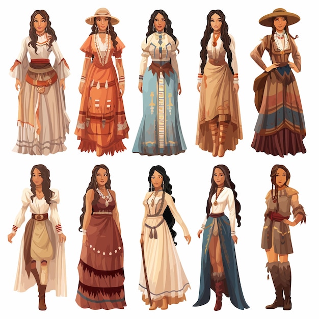 Вектор set_of_female_characters_wearing_historical