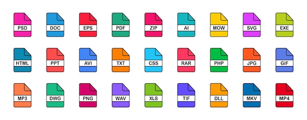 파일 형식 아이콘 세트 파일 형식 아이콘 Ui 벡터 일러스트 레이 션에 대한 문서 및 파일 확장자의 형식