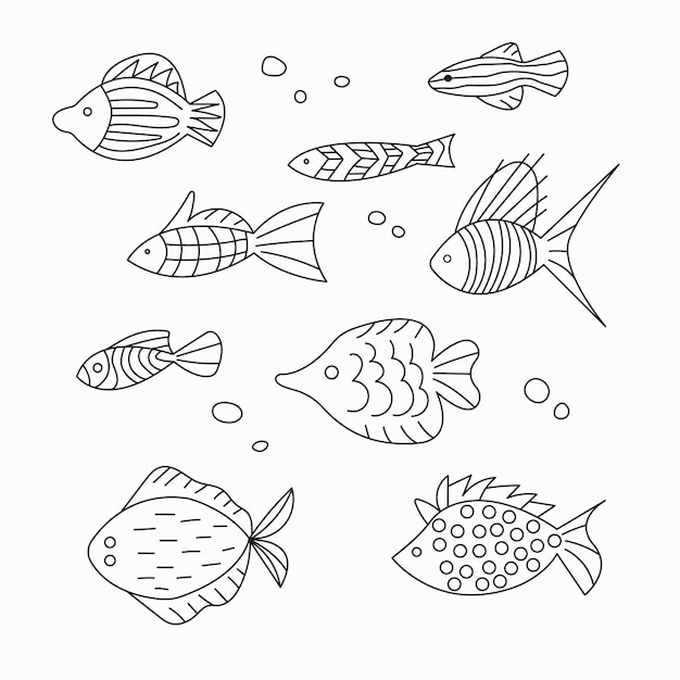 魚のセット ぬりえ セット かわいい 線画 イラスト