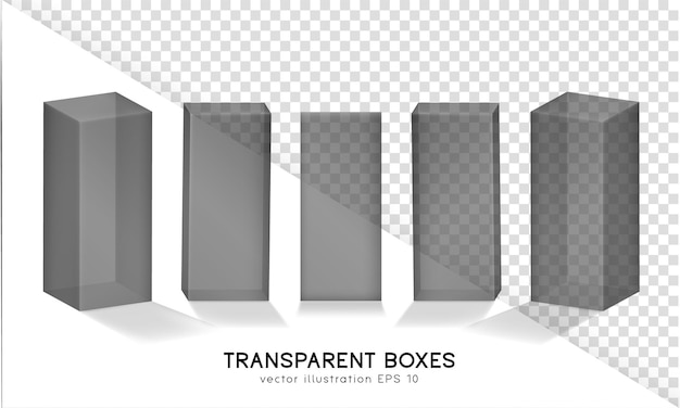 前面と斜視図に 5 つの 3d 黒透明ボックスのセット。プラスチック容器のモックアップ