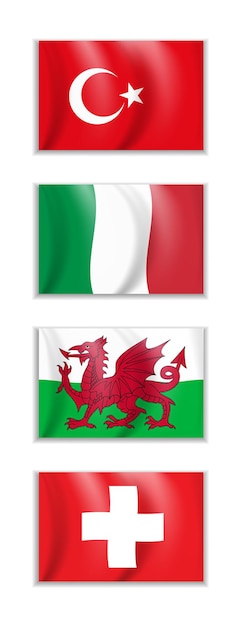 トルコ、イタリア、ウェールズ、スイスの国旗のセット ビジネス旅行の国際関係のコンセプト