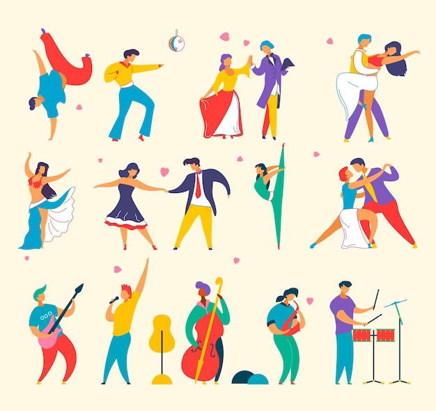 Вектор Набор плоских героев мультфильмов, люди играют музыку, танцуют, мужчина женщина