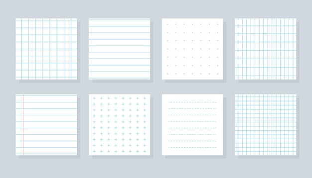 Вектор Набор плоских различных бумажных листов в квадрате, клетчатых или линейных листах, обложка тетради с синими линиями, пунктирными и сетчатыми узорами